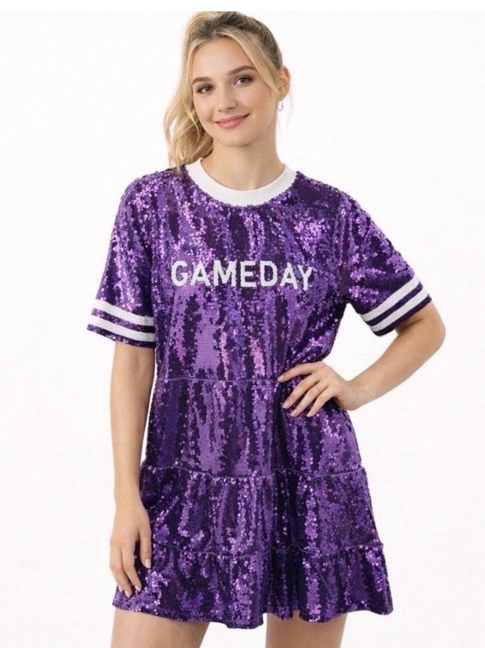 Francesca’s GAMEDAY Purple Sequin Tiered Tee Dress Medium